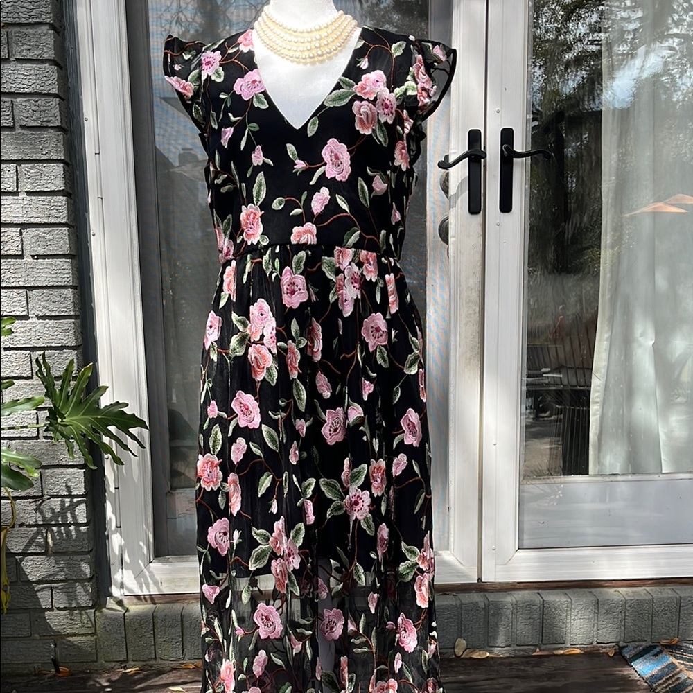 CROSBY by Mollie Burch Pink and Black Wrap Maxi Dress for Wedding Guest